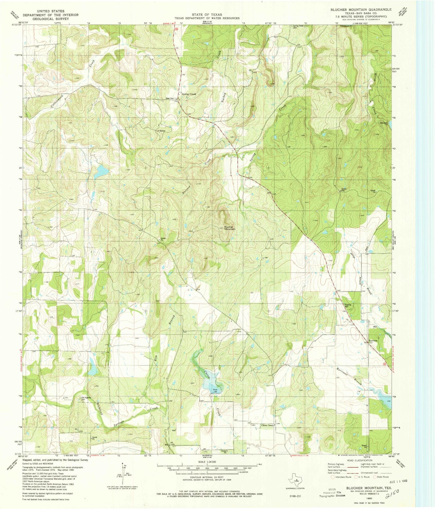 Classic USGS Blucher Mountain Texas 7.5'x7.5' Topo Map Image