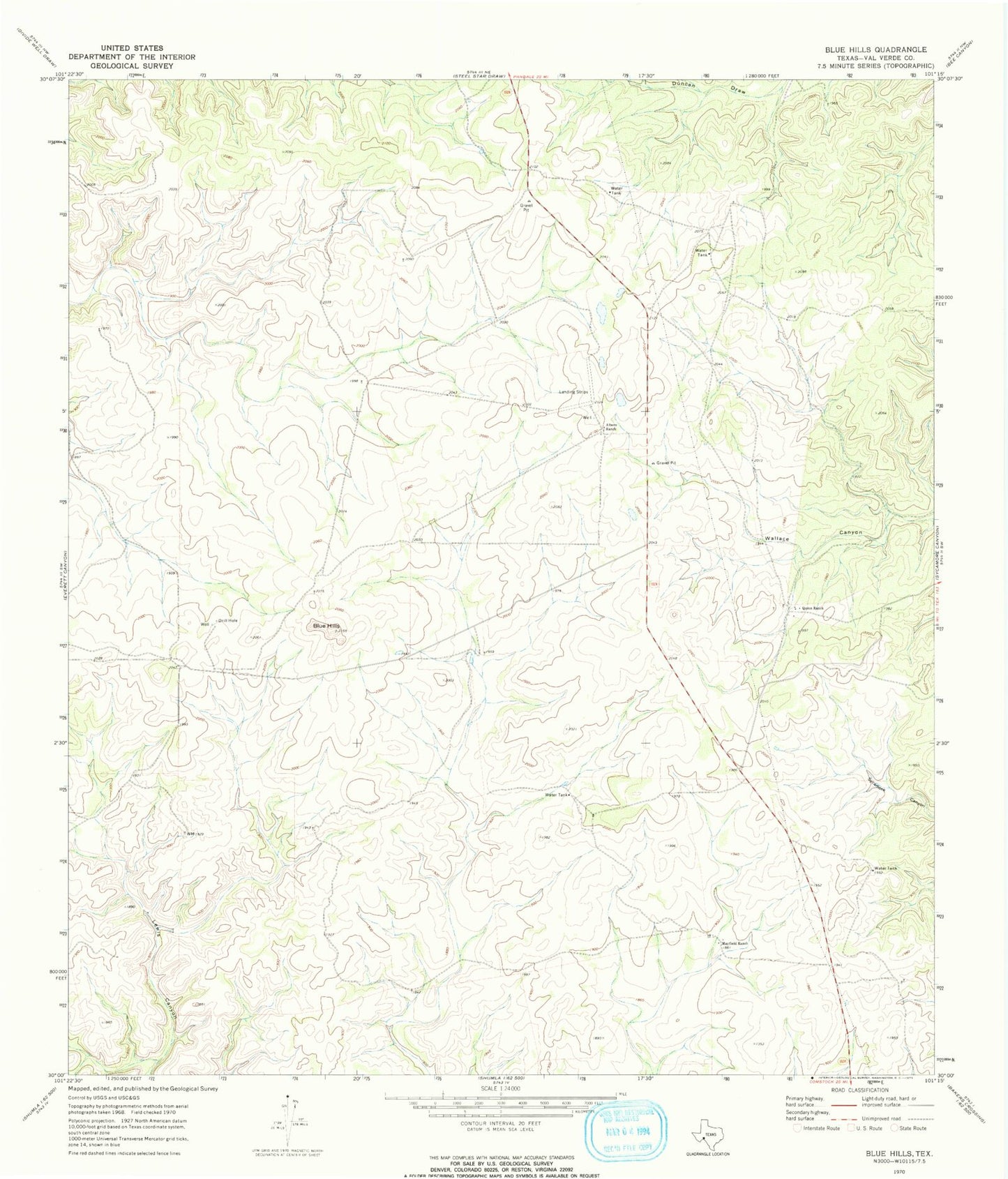 Classic USGS Blue Hills Texas 7.5'x7.5' Topo Map Image
