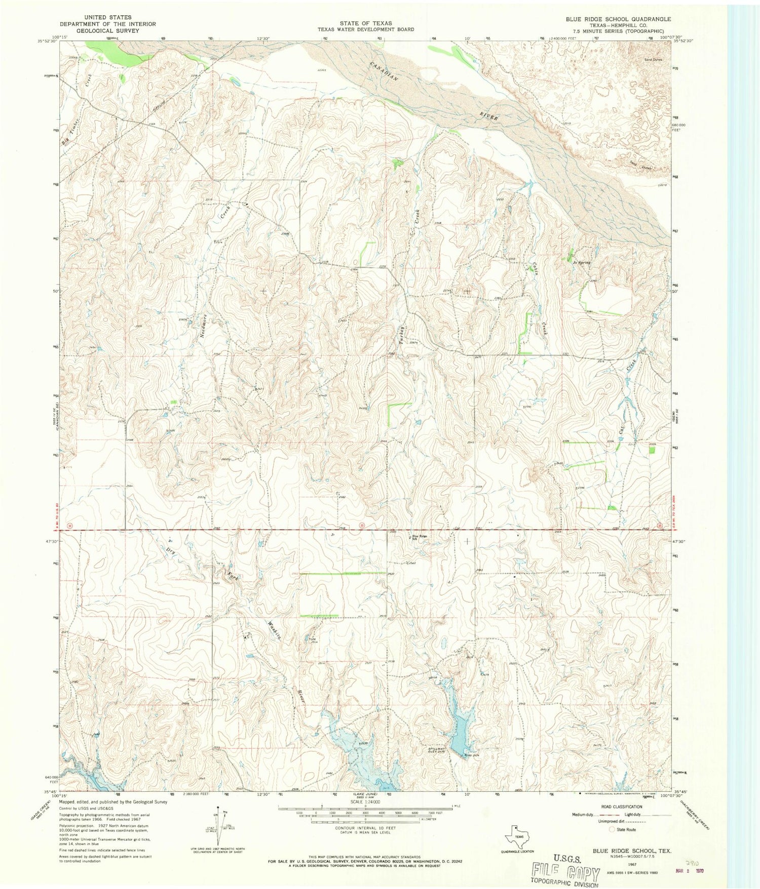 Classic USGS Blue Ridge School Texas 7.5'x7.5' Topo Map Image
