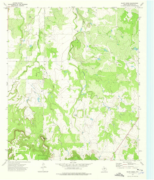 Classic USGS Bluff Creek Texas 7.5'x7.5' Topo Map Image