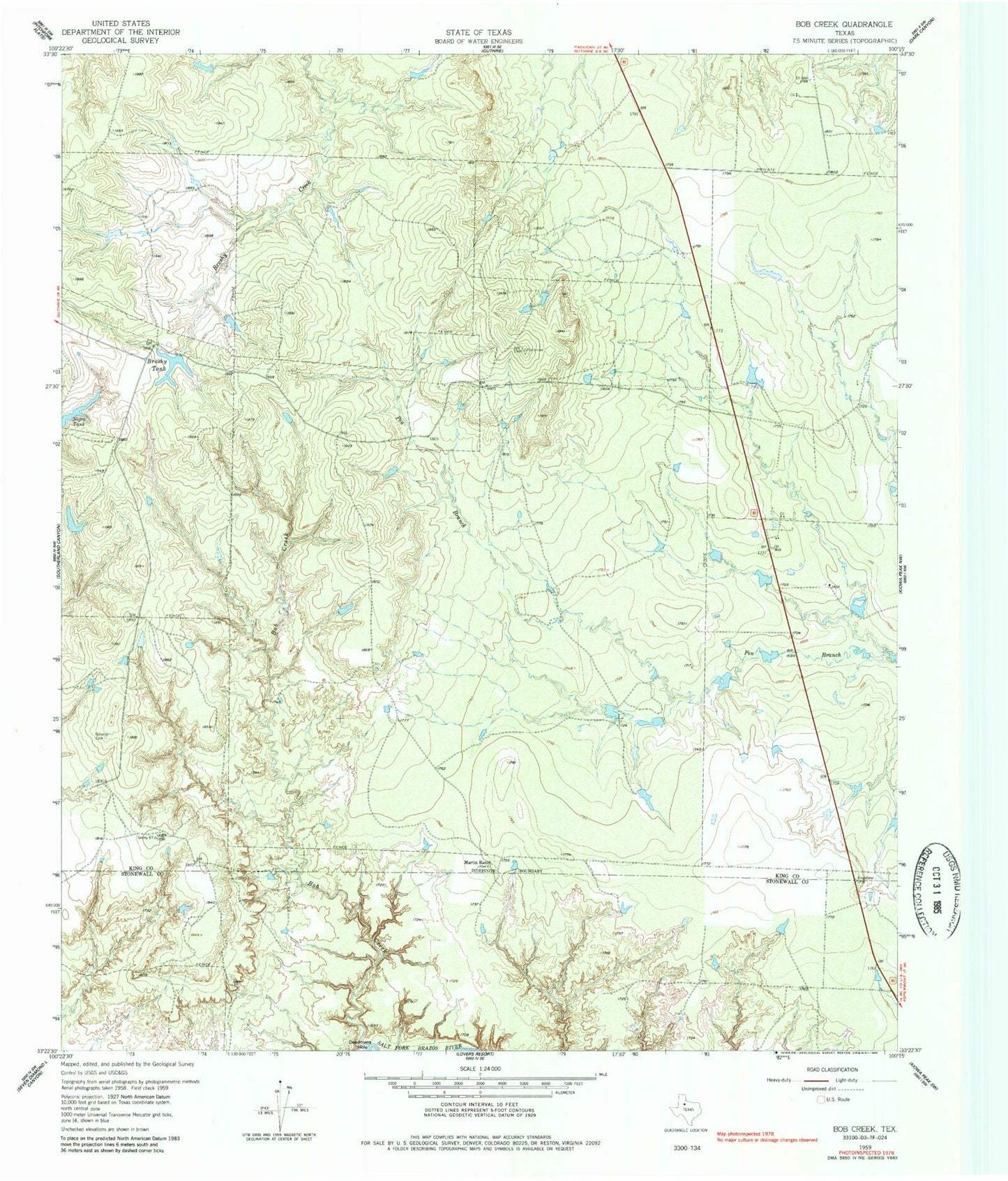 Classic USGS Bob Creek Texas 7.5'x7.5' Topo Map Image