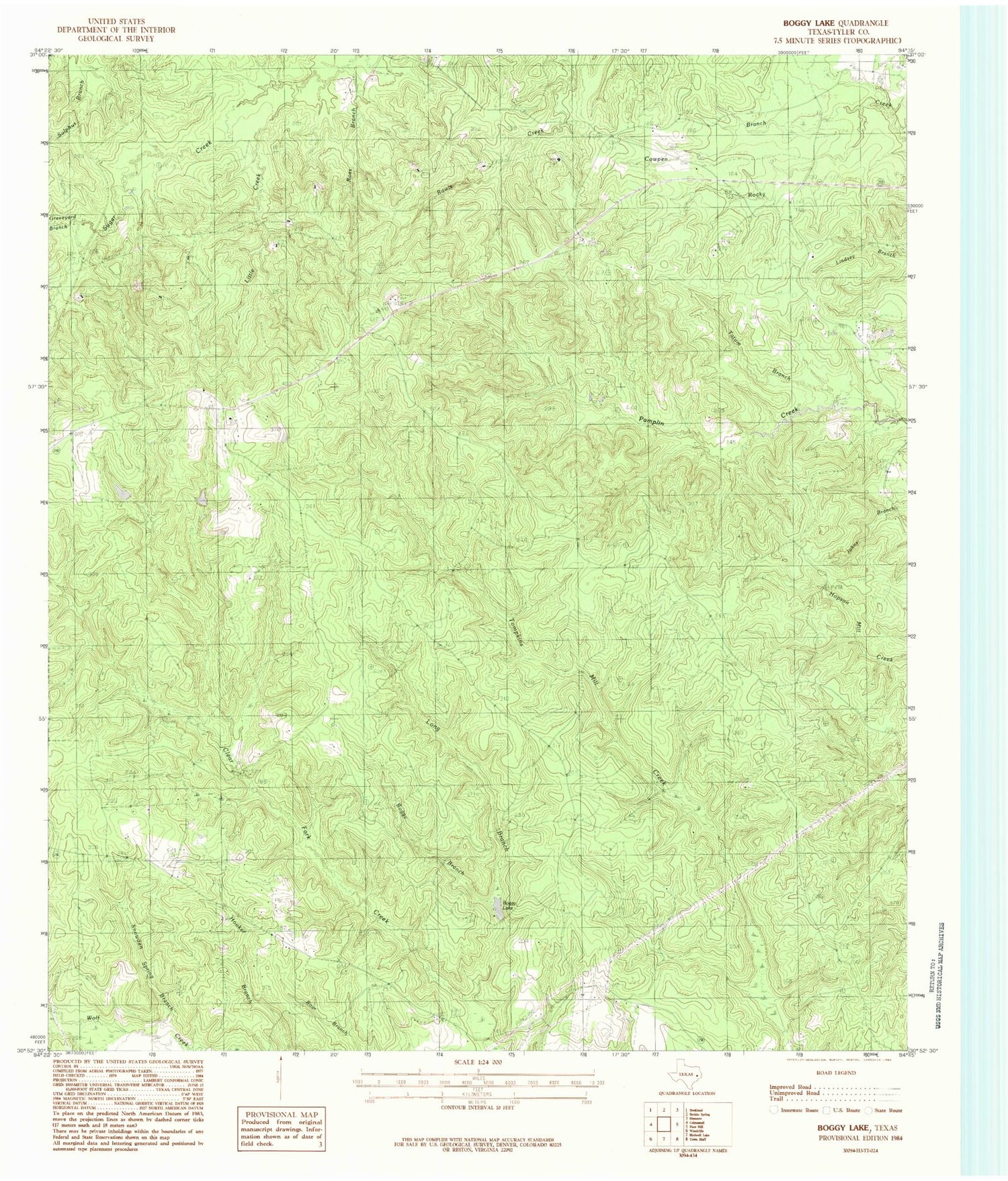 Classic USGS Boggy Lake Texas 7.5'x7.5' Topo Map Image