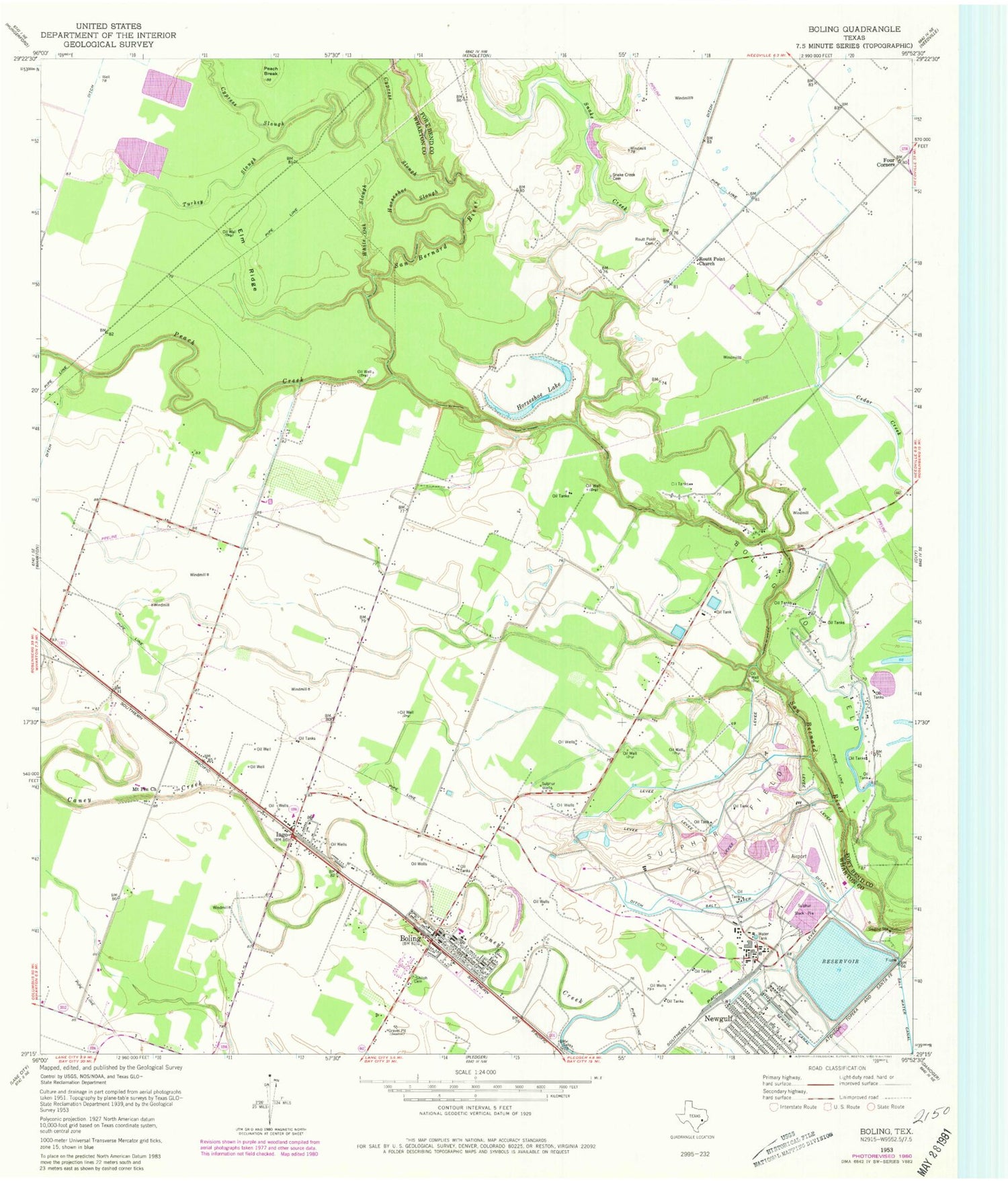 Classic USGS Boling Texas 7.5'x7.5' Topo Map Image