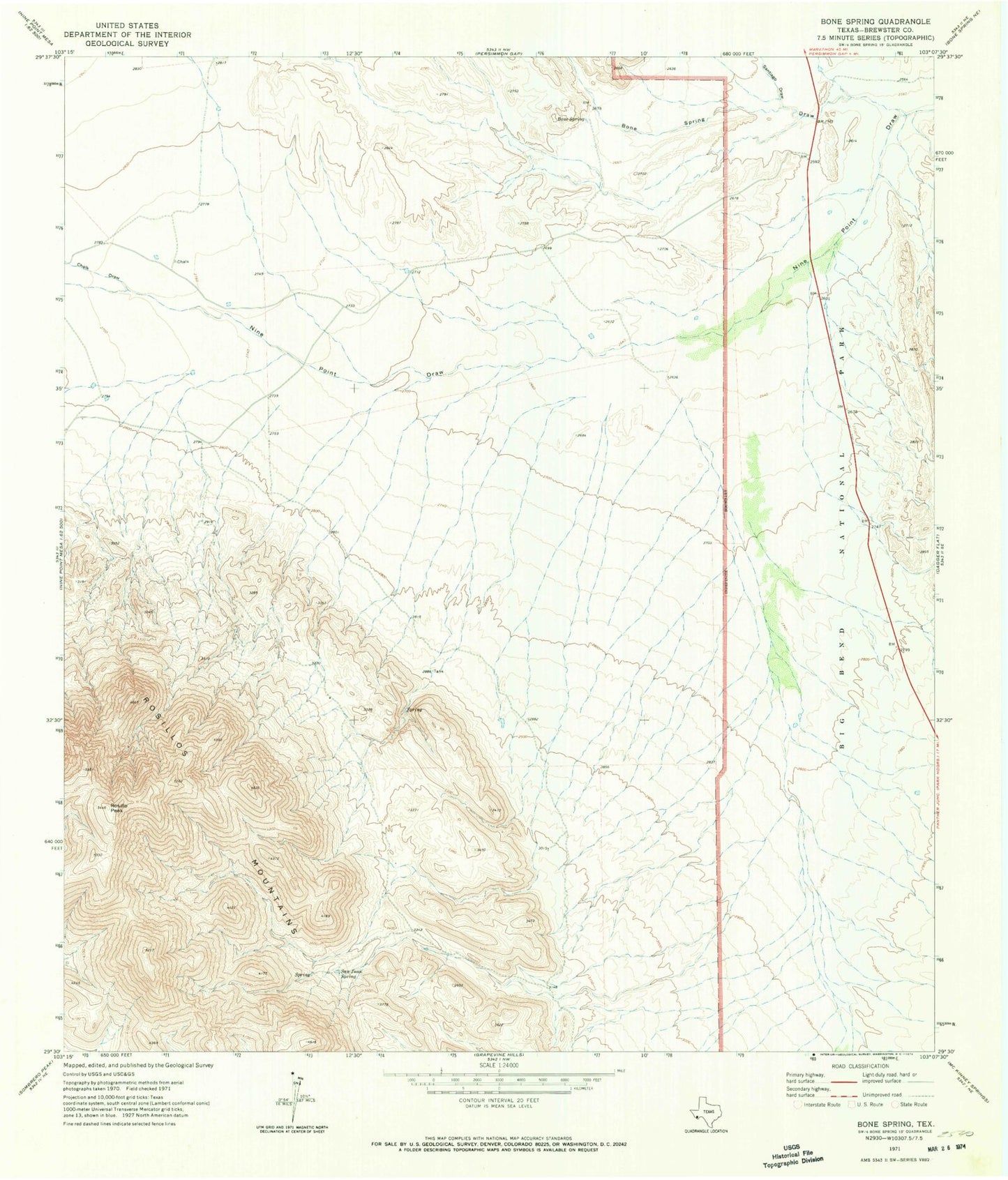 Classic USGS Bone Spring Texas 7.5'x7.5' Topo Map Image