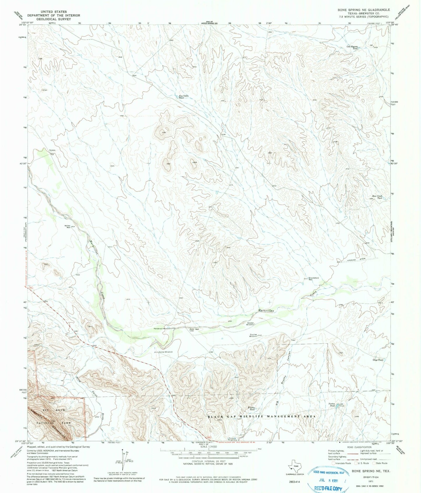 Classic USGS Bone Spring NE Texas 7.5'x7.5' Topo Map Image