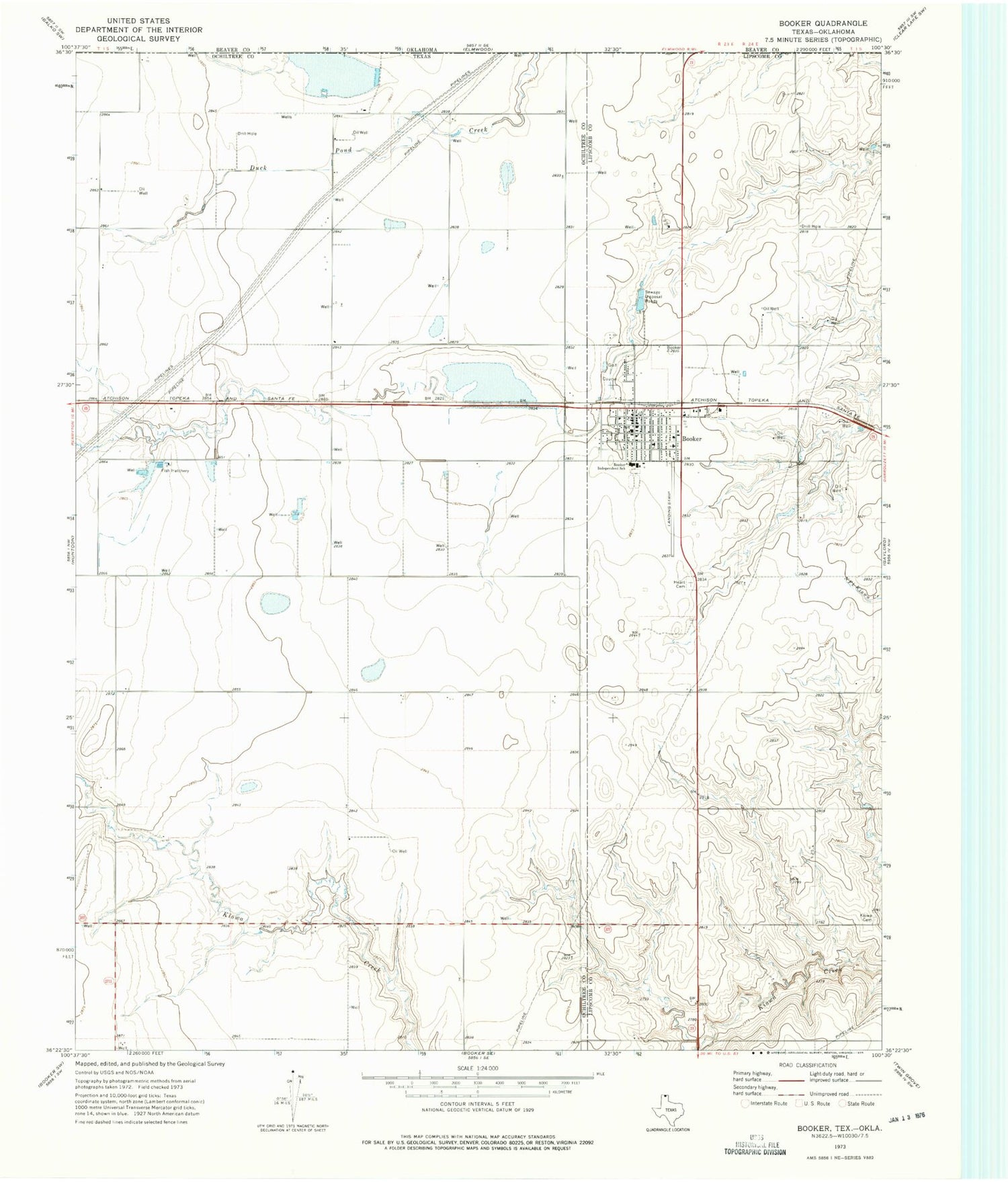 Classic USGS Booker Texas 7.5'x7.5' Topo Map Image