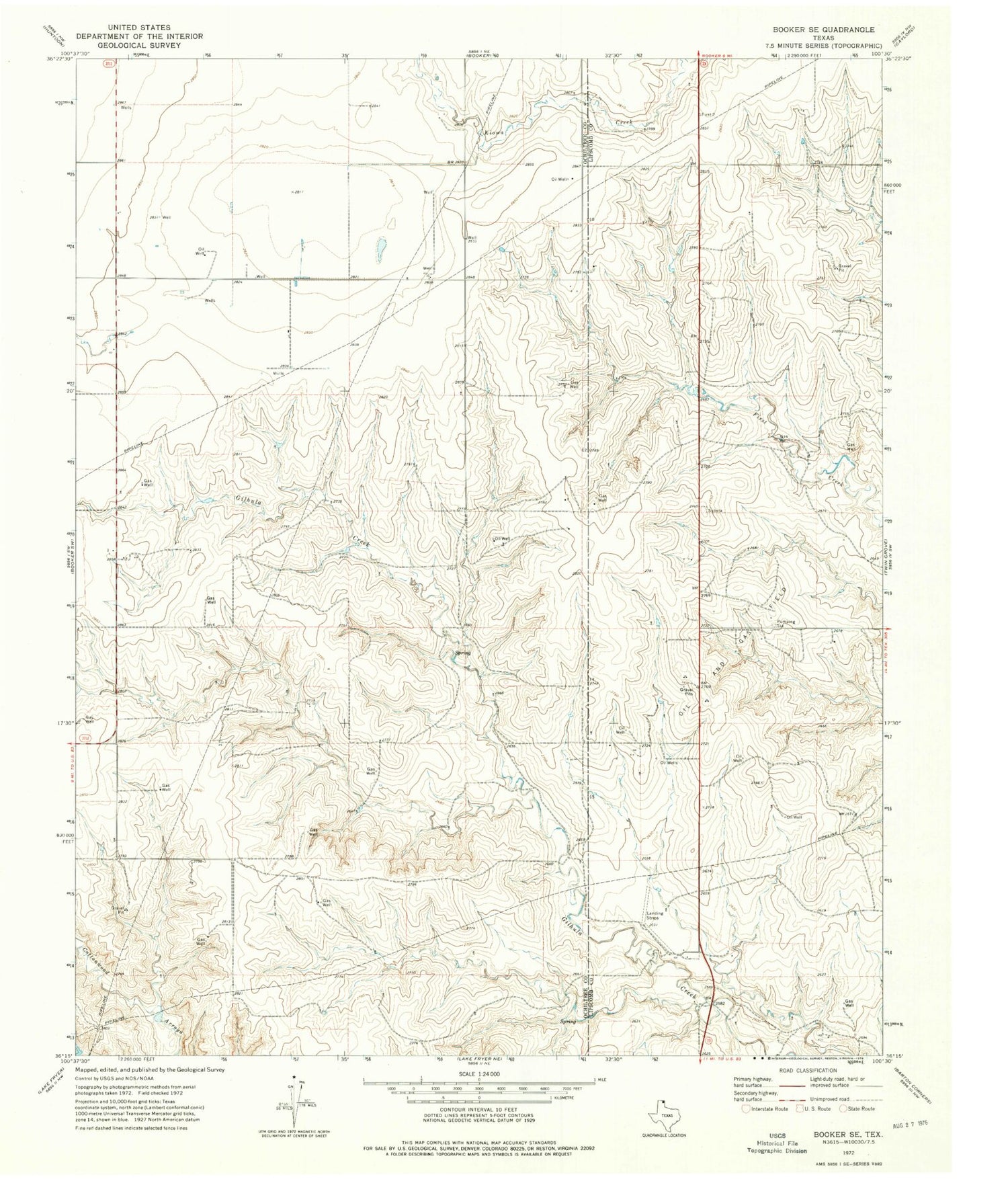 Classic USGS Booker SE Texas 7.5'x7.5' Topo Map Image