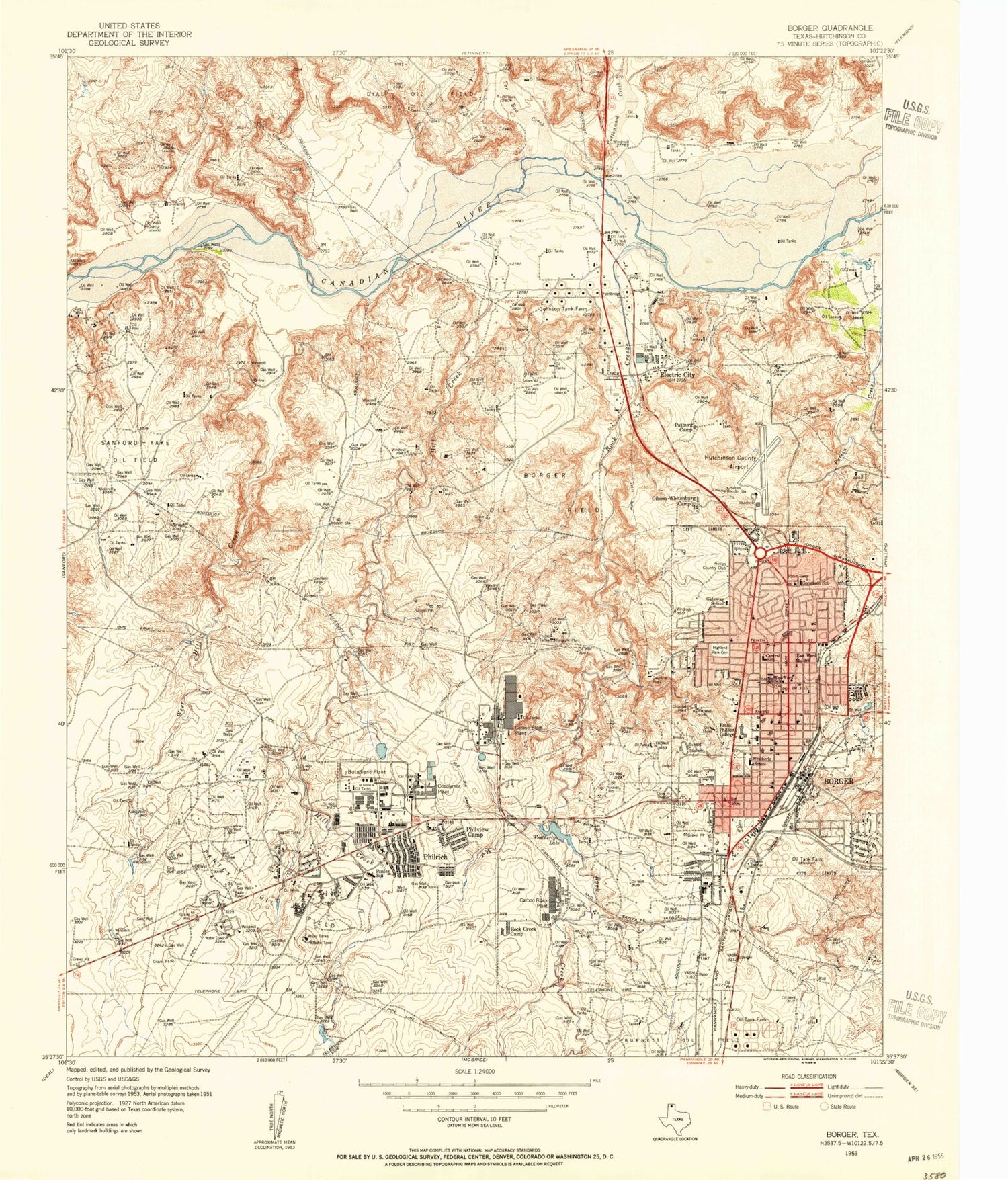 Classic USGS Borger Texas 7.5'x7.5' Topo Map Image