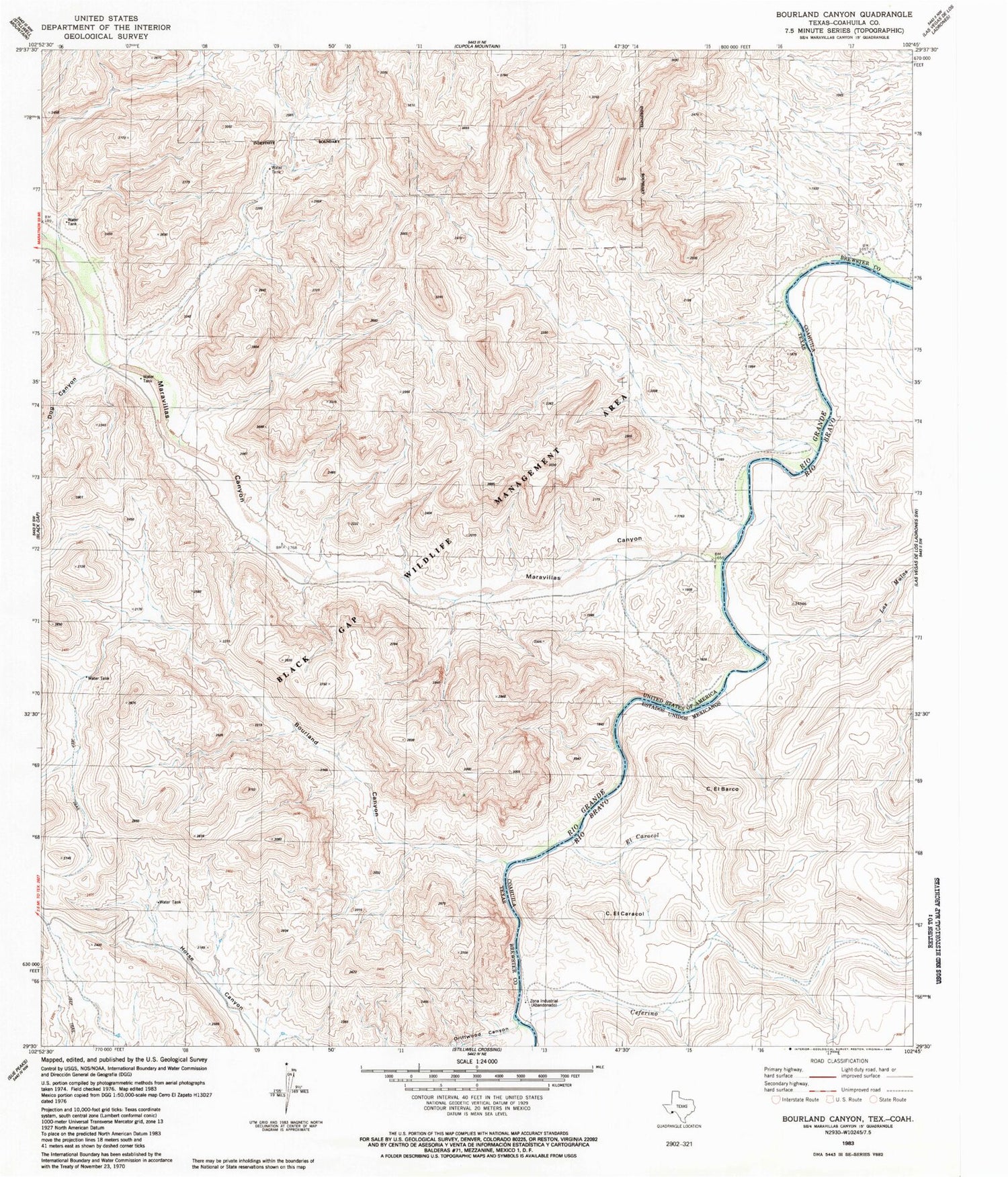 Classic USGS Bourland Canyon Texas 7.5'x7.5' Topo Map Image