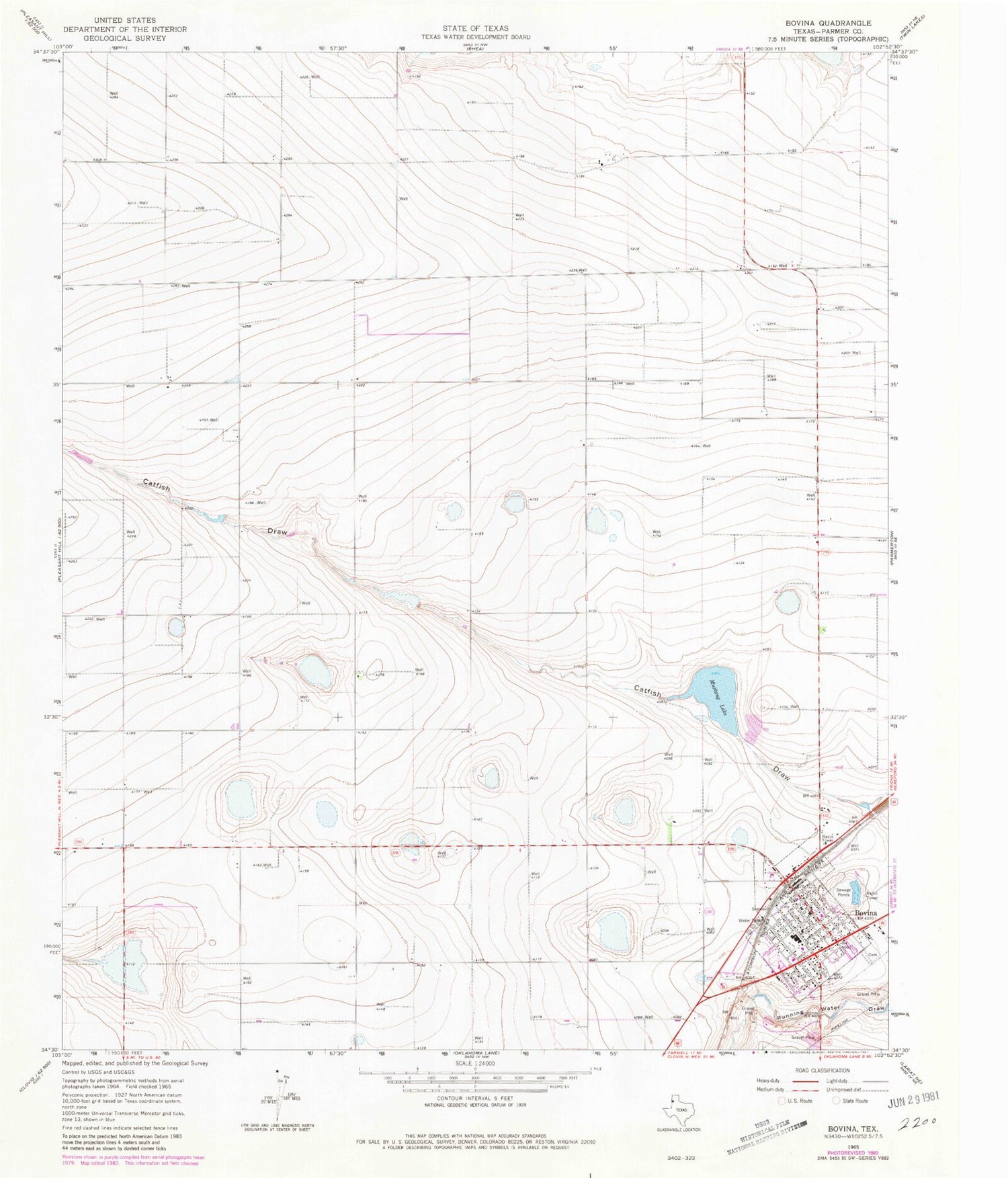 Classic USGS Bovina Texas 7.5'x7.5' Topo Map Image