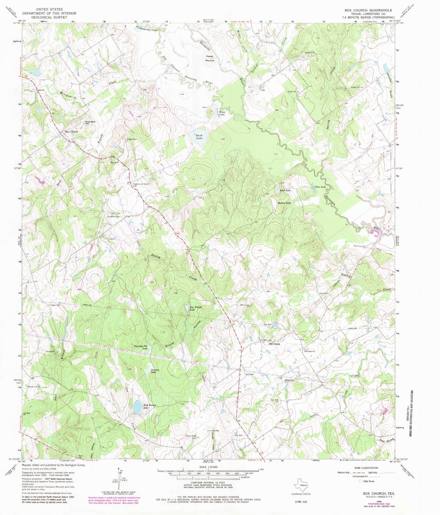 Classic USGS Box Church Texas 7.5'x7.5' Topo Map Image