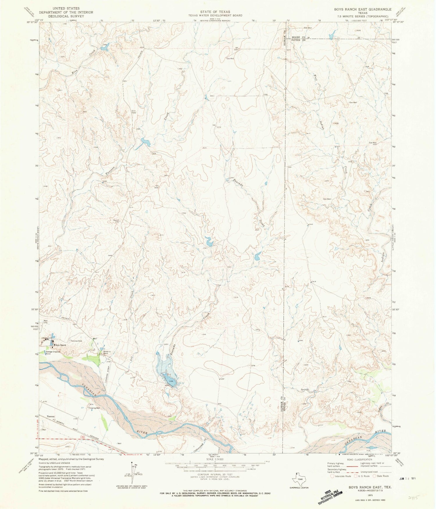Classic USGS Boys Ranch East Texas 7.5'x7.5' Topo Map Image