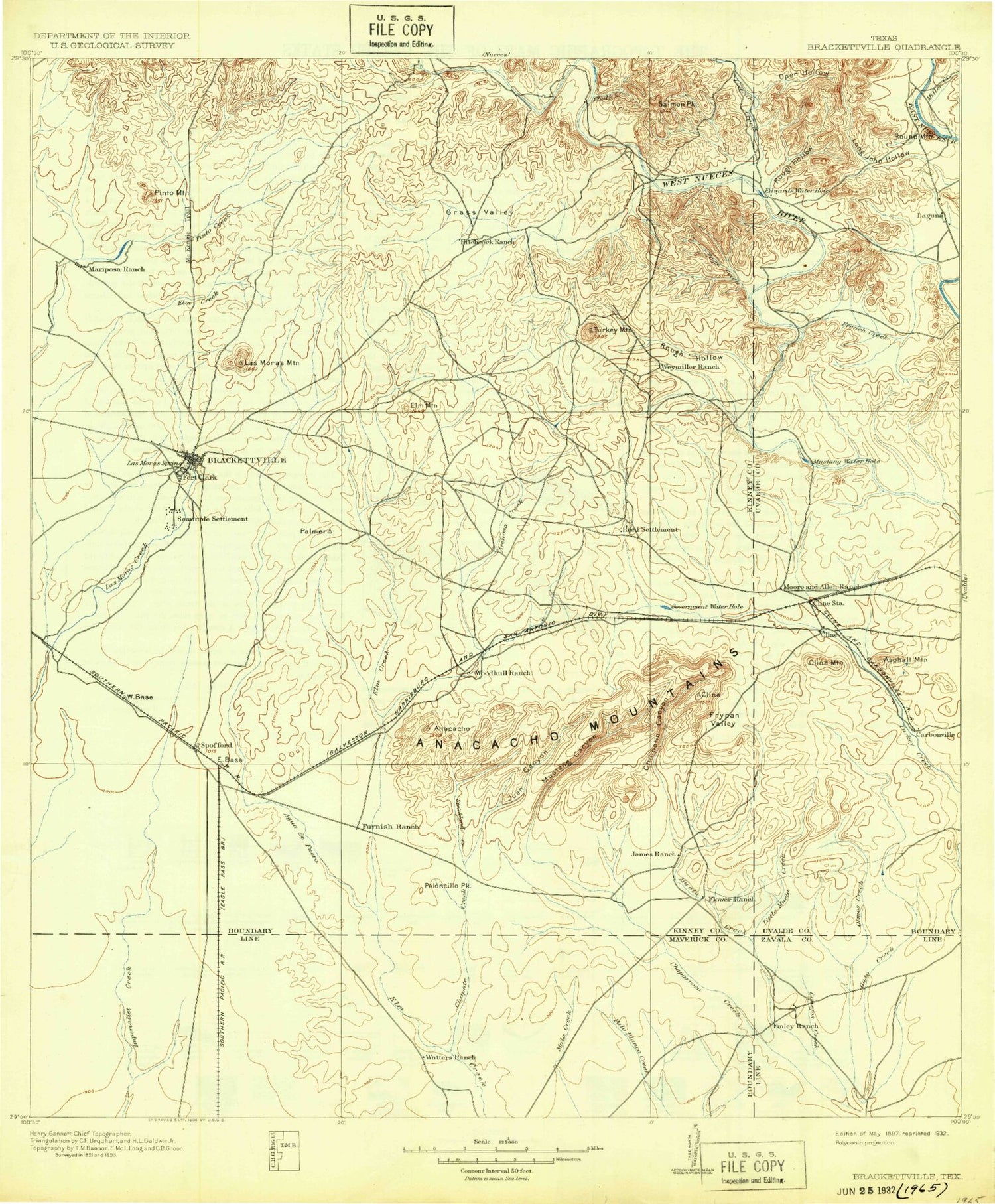 Historic 1897 Brackettville Texas 30'x30' Topo Map Image