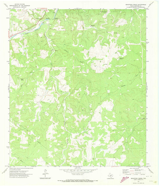 Classic USGS Bradford Creek Texas 7.5'x7.5' Topo Map Image