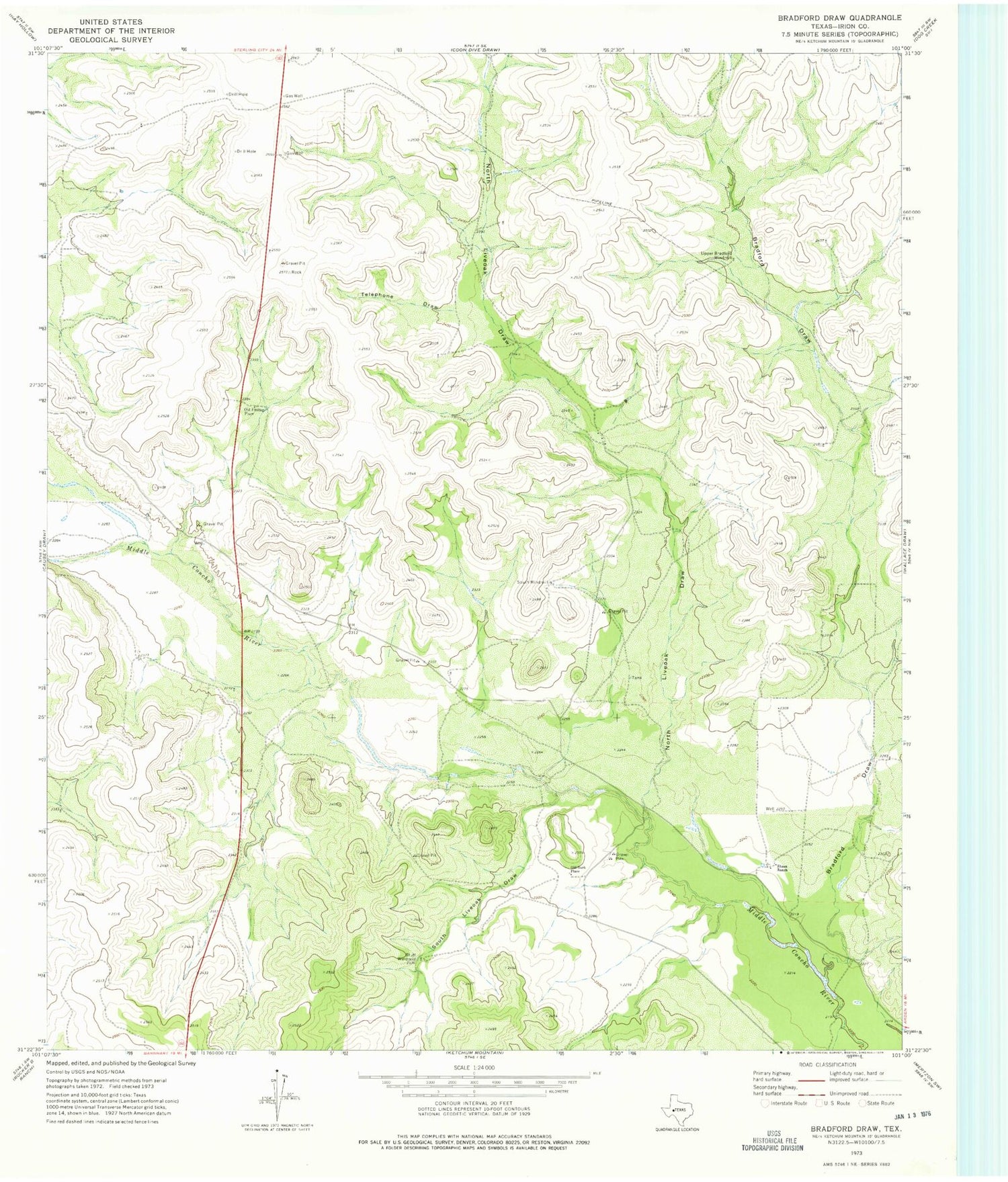 Classic USGS Bradford Draw Texas 7.5'x7.5' Topo Map Image