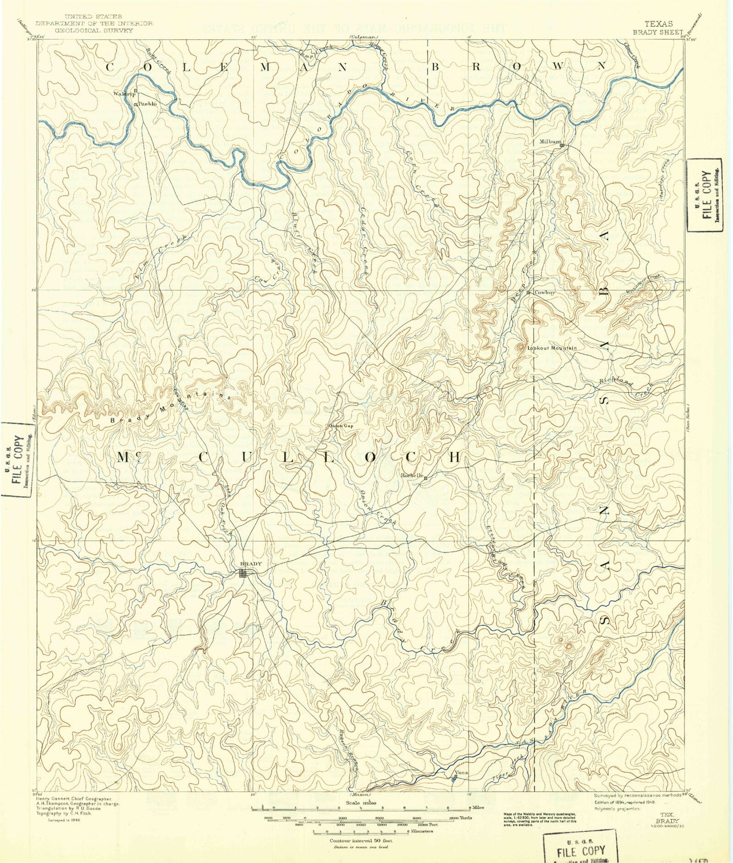 Historic 1894 Brady Texas 30'x30' Topo Map Image