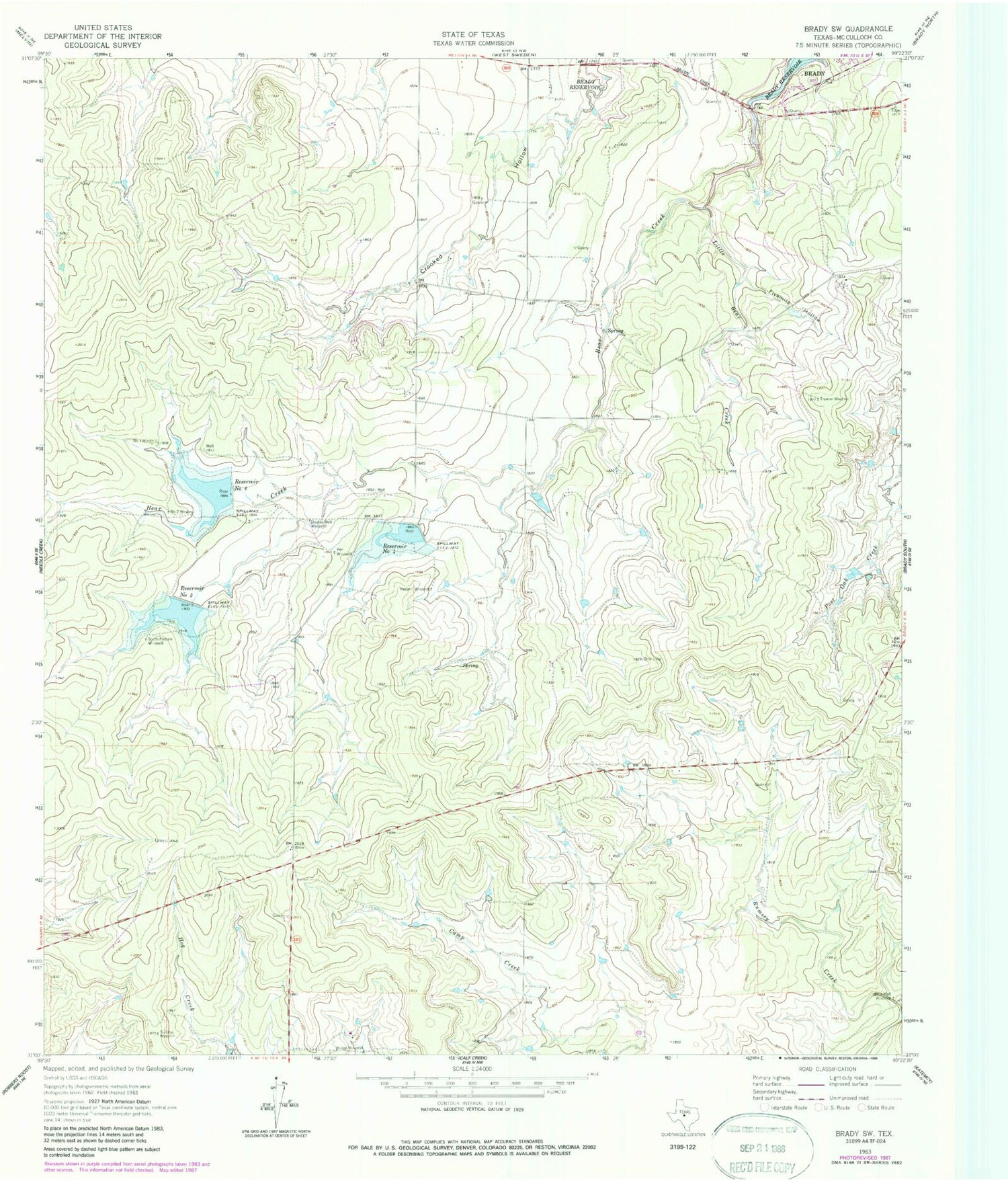 Classic USGS Brady SW Texas 7.5'x7.5' Topo Map Image