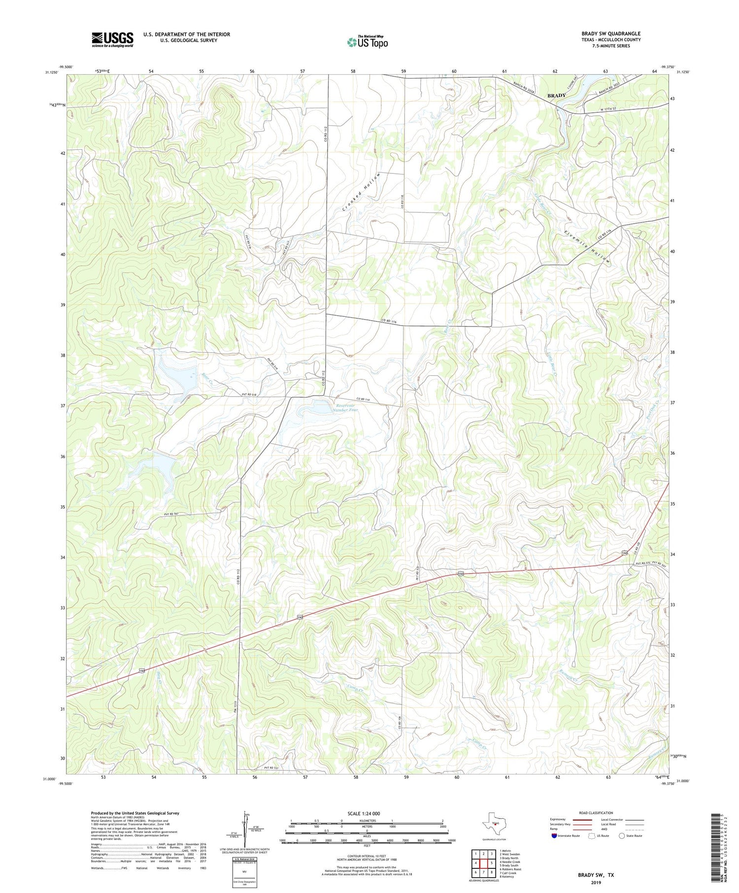 Brady SW Texas US Topo Map Image
