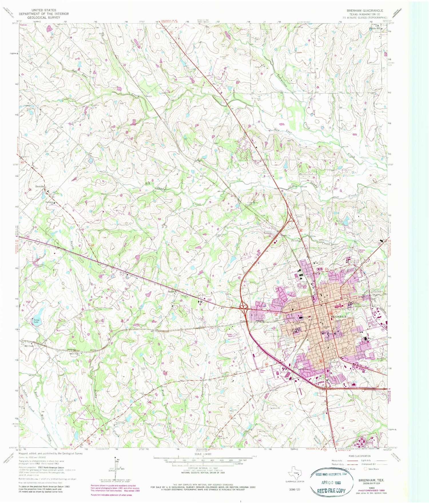 Classic USGS Brenham Texas 7.5'x7.5' Topo Map Image