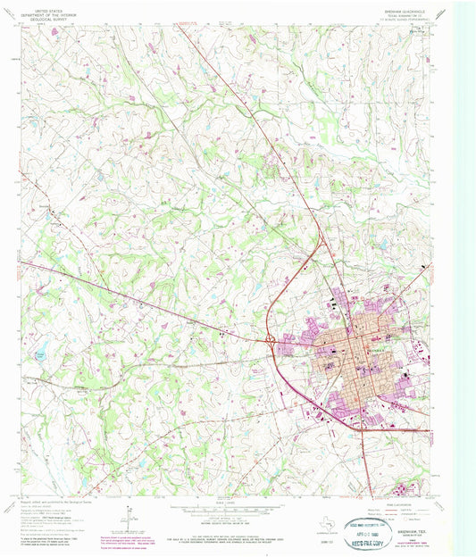 Classic USGS Brenham Texas 7.5'x7.5' Topo Map Image