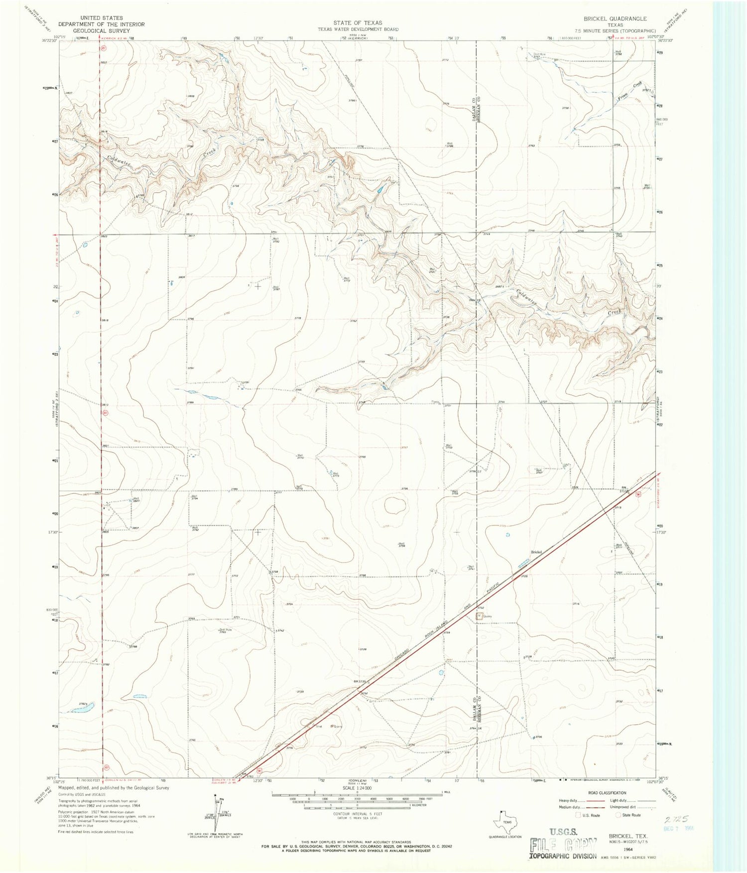 Classic USGS Brickel Texas 7.5'x7.5' Topo Map Image