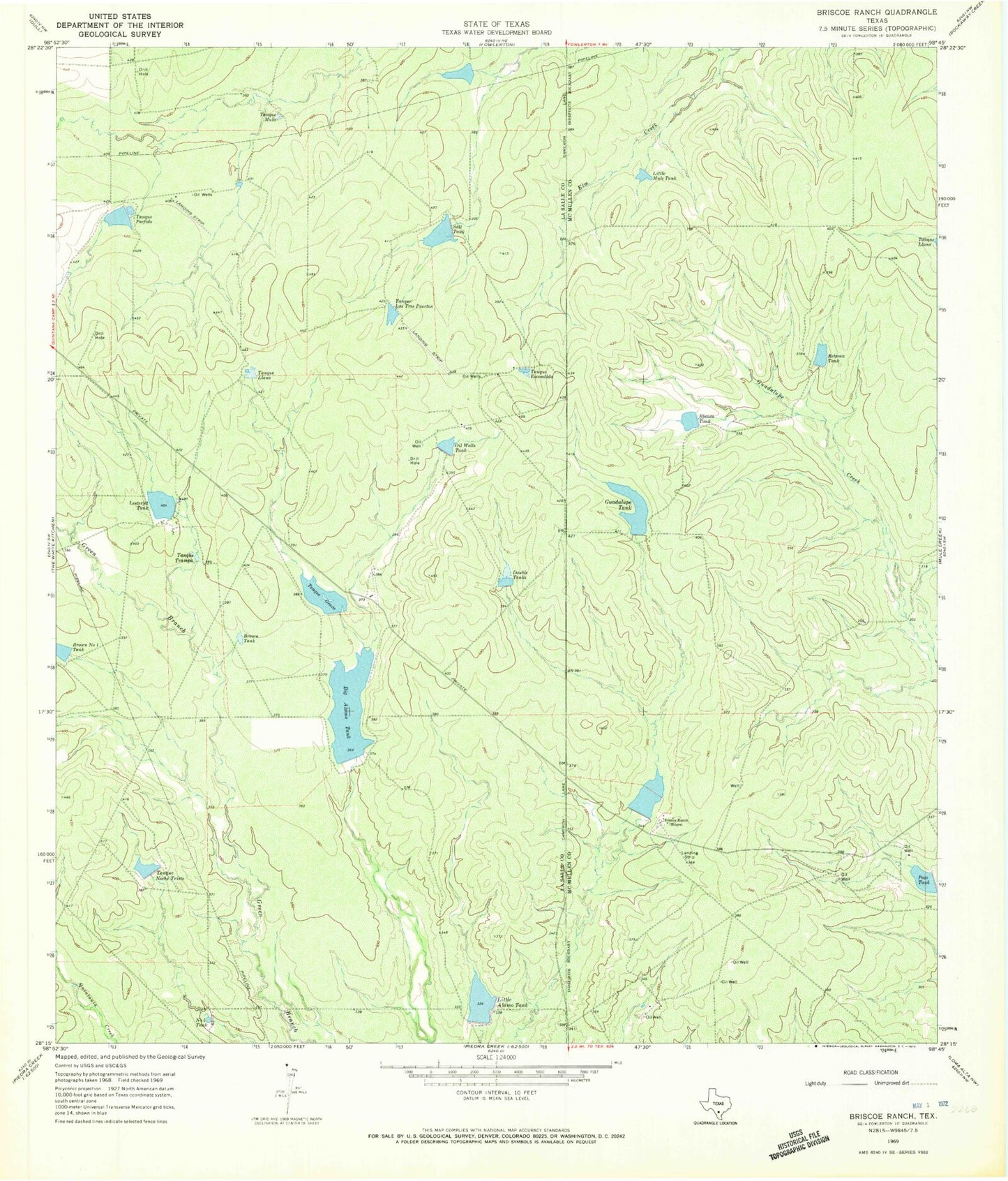 Classic USGS Briscoe Ranch Texas 7.5'x7.5' Topo Map Image