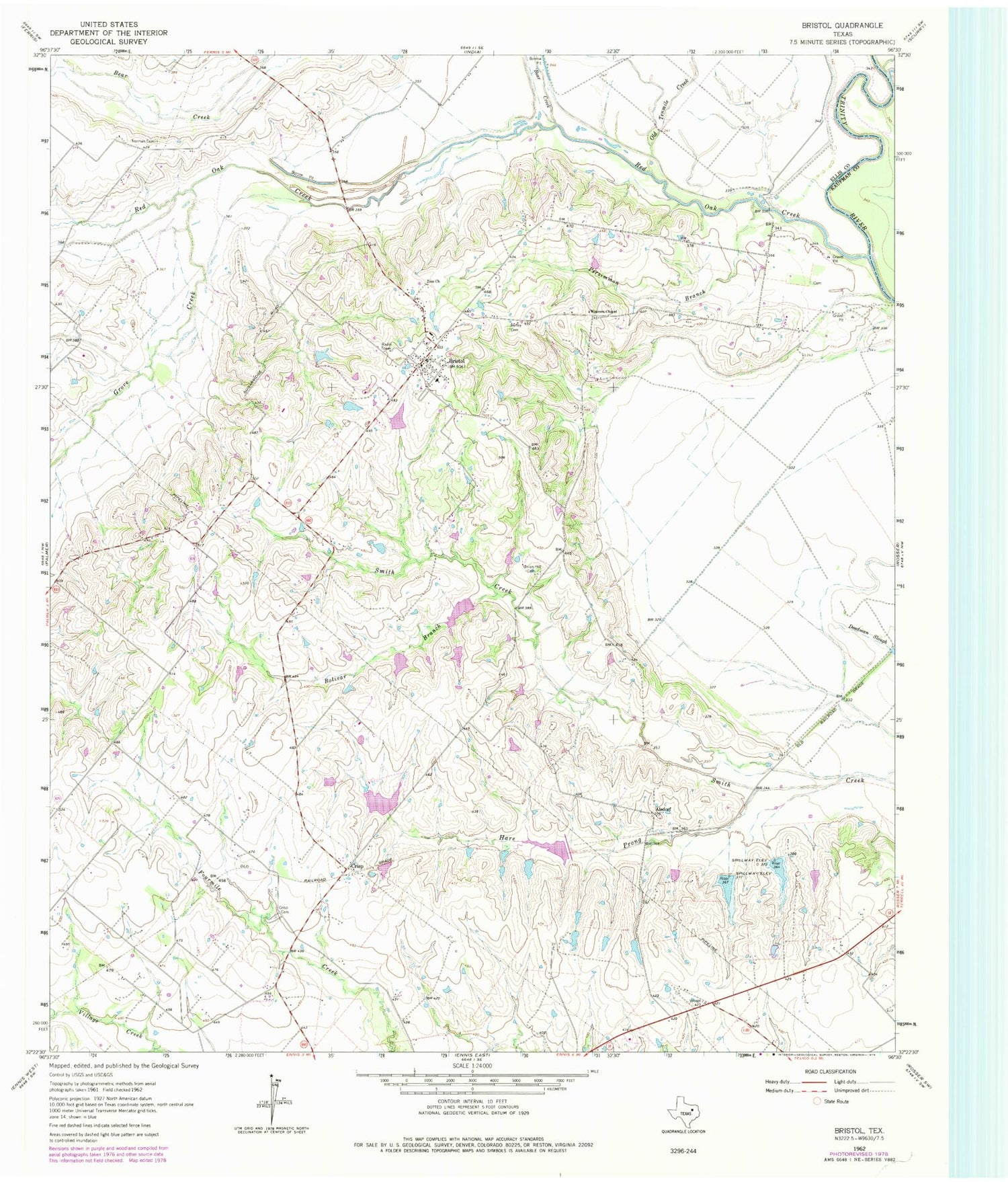 Classic USGS Bristol Texas 7.5'x7.5' Topo Map Image