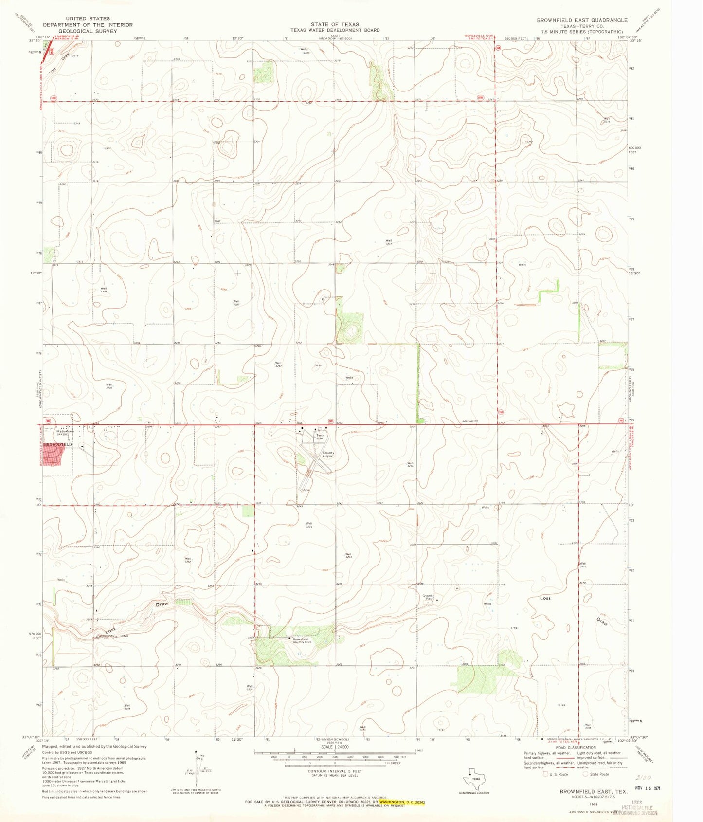 Classic USGS Brownfield East Texas 7.5'x7.5' Topo Map Image