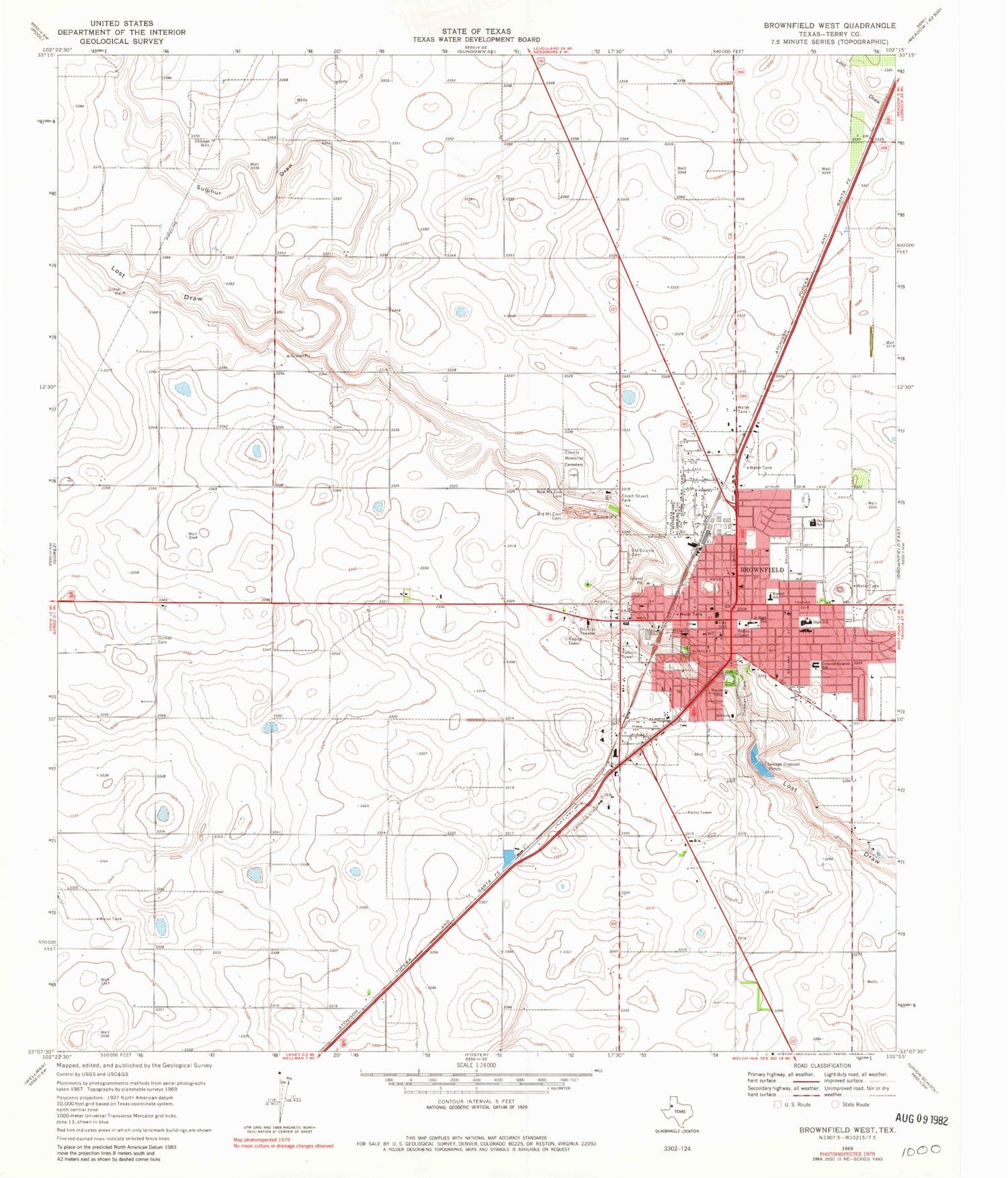 Classic USGS Brownfield West Texas 7.5'x7.5' Topo Map Image