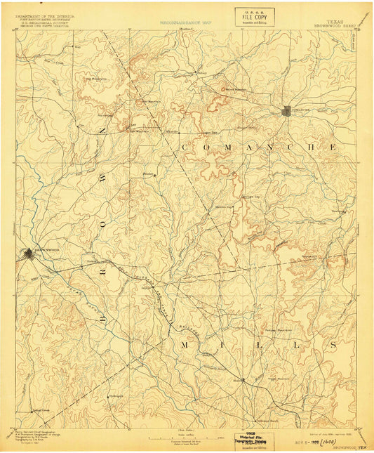 Historic 1889 Brownwood Texas 30'x30' Topo Map Image
