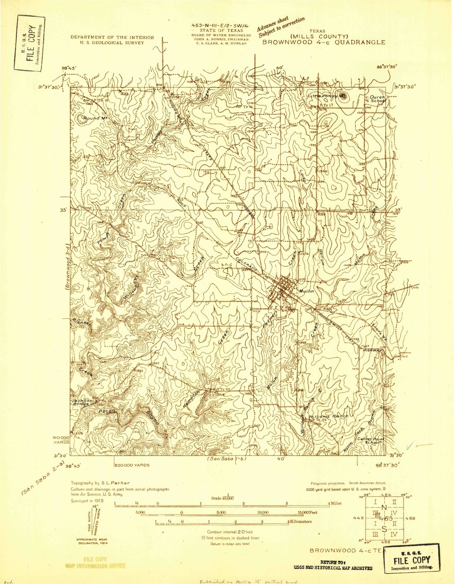 Classic USGS Mullin Texas 7.5'x7.5' Topo Map Image