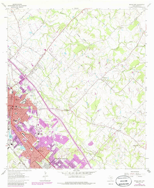 Classic USGS Bryan East Texas 7.5'x7.5' Topo Map Image