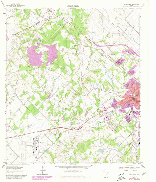 Classic USGS Bryan West Texas 7.5'x7.5' Topo Map Image