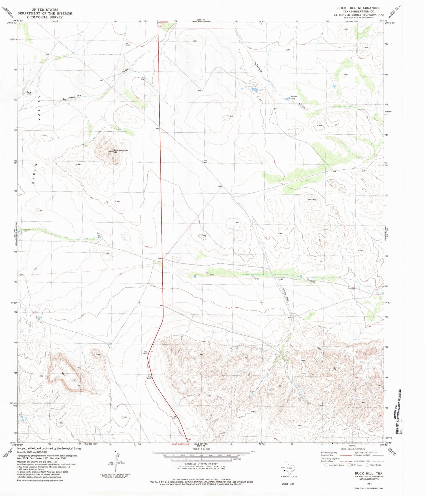 Classic USGS Buck Hill Texas 7.5'x7.5' Topo Map Image