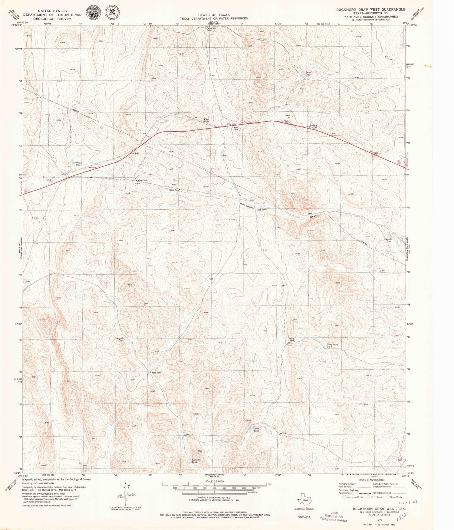 Classic USGS Buckhorn Draw West Texas 7.5'x7.5' Topo Map Image