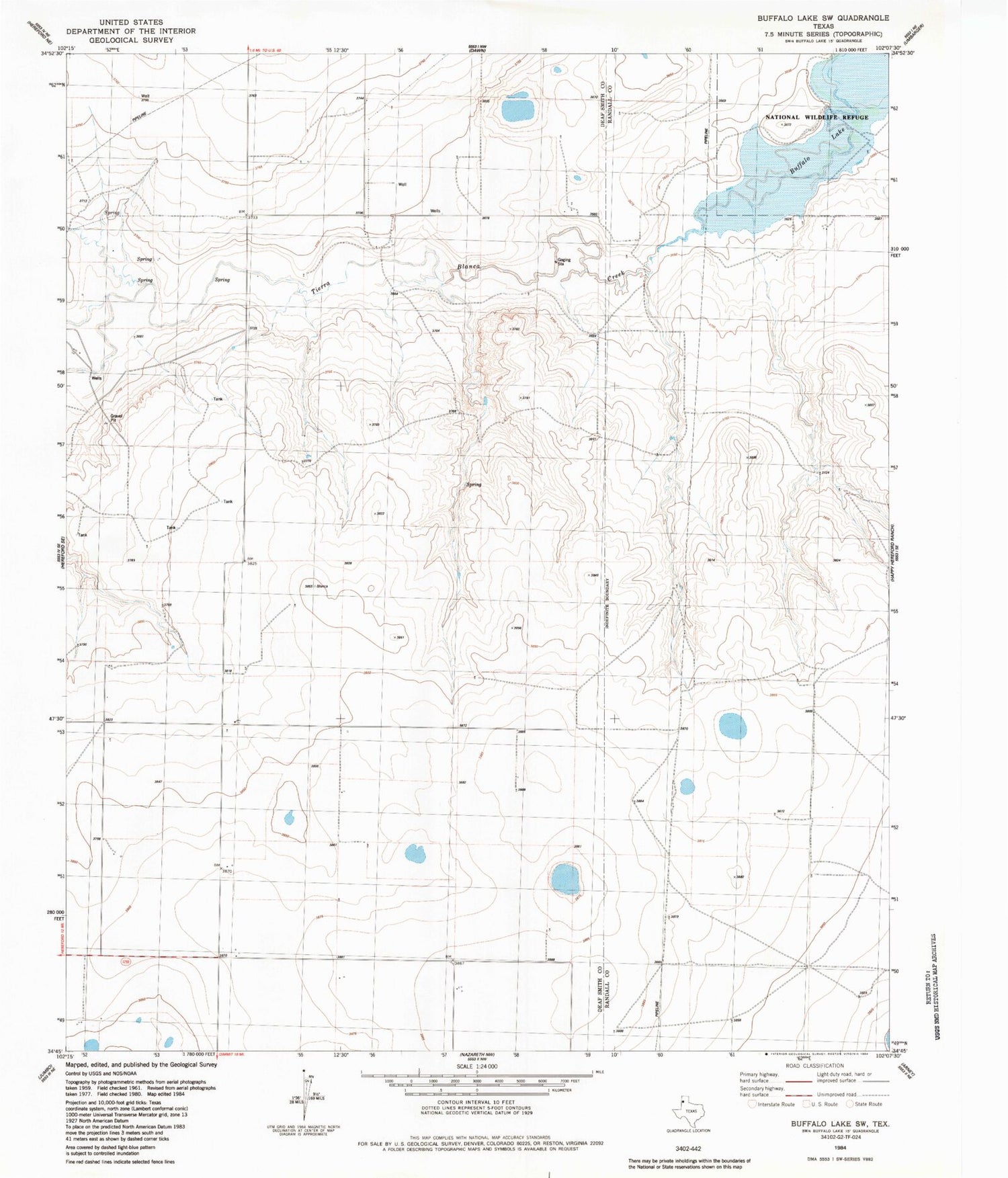 Classic USGS Buffalo Lake SW Texas 7.5'x7.5' Topo Map Image