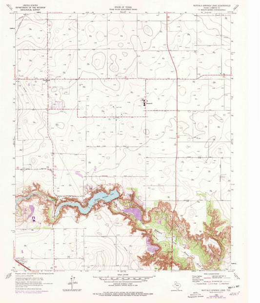 Classic USGS Buffalo Springs Lake Texas 7.5'x7.5' Topo Map Image