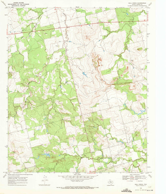 Classic USGS Bull Creek Texas 7.5'x7.5' Topo Map Image