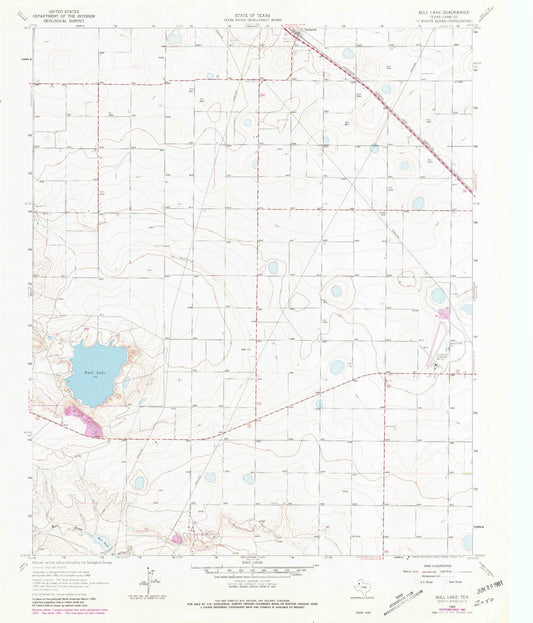 Classic USGS Bull Lake Texas 7.5'x7.5' Topo Map Image