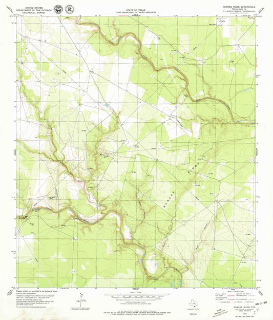 Classic USGS Burkes Ridge Texas 7.5'x7.5' Topo Map Image