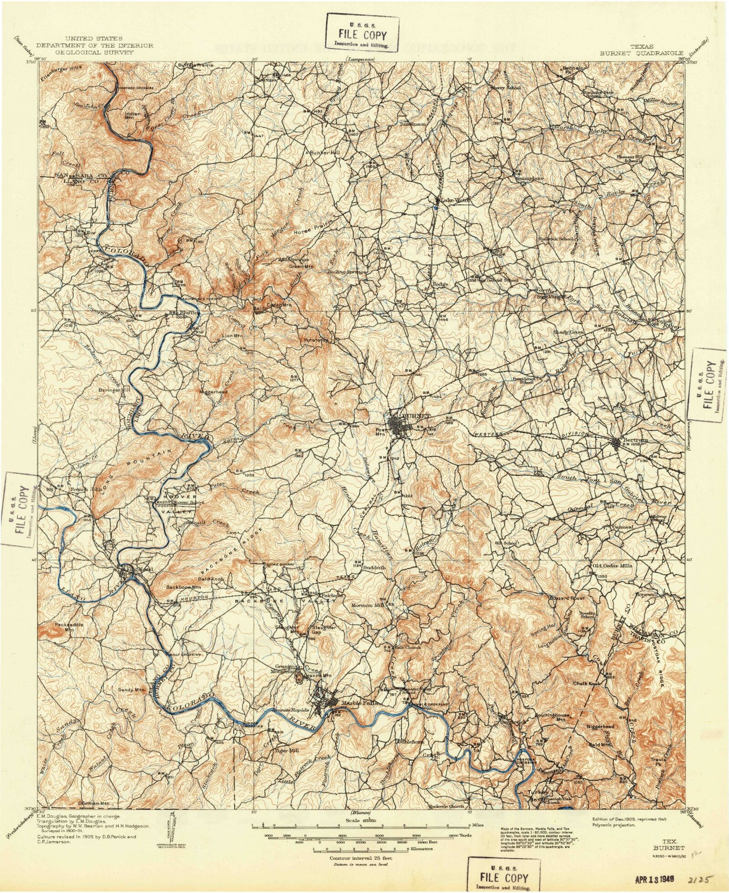 Historic 1909 Burnet Texas 30'x30' Topo Map Image