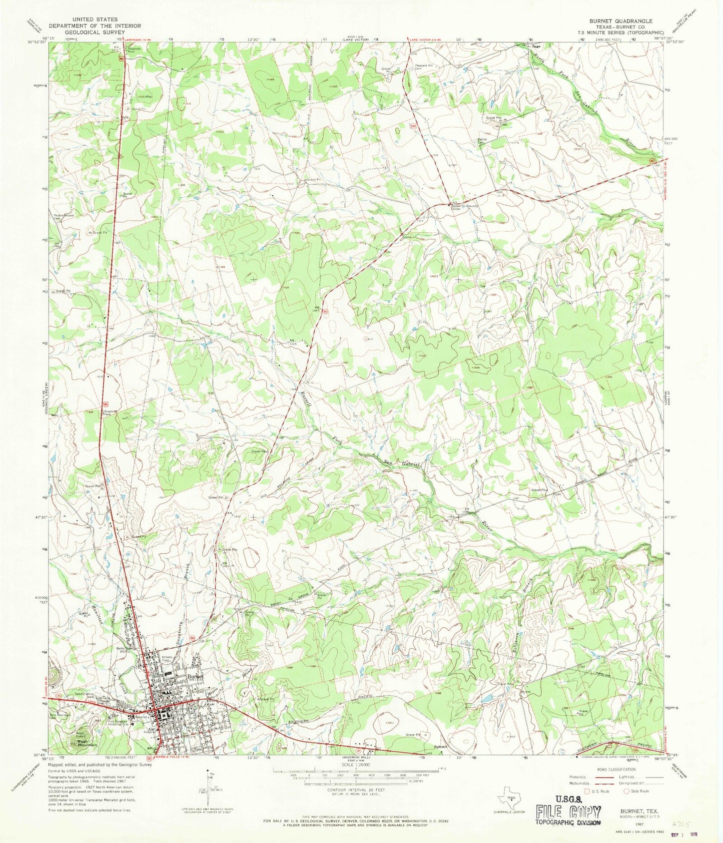Classic USGS Burnet Texas 7.5'x7.5' Topo Map Image