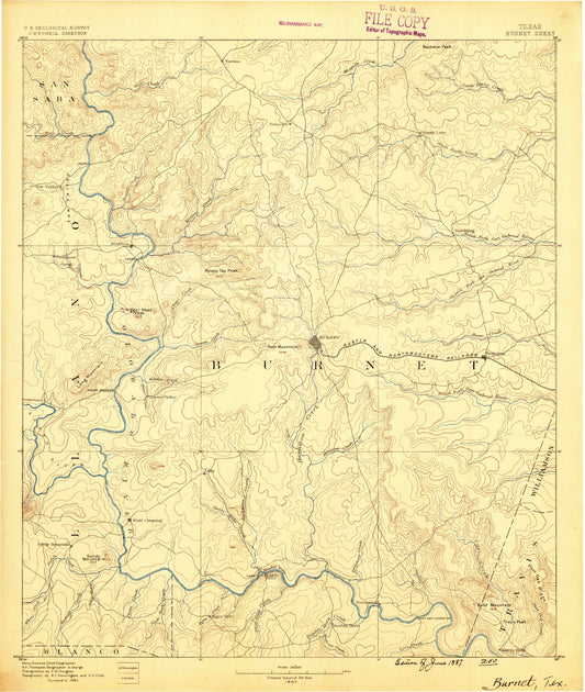 Historic 1887 Burnet Texas 30'x30' Topo Map Image