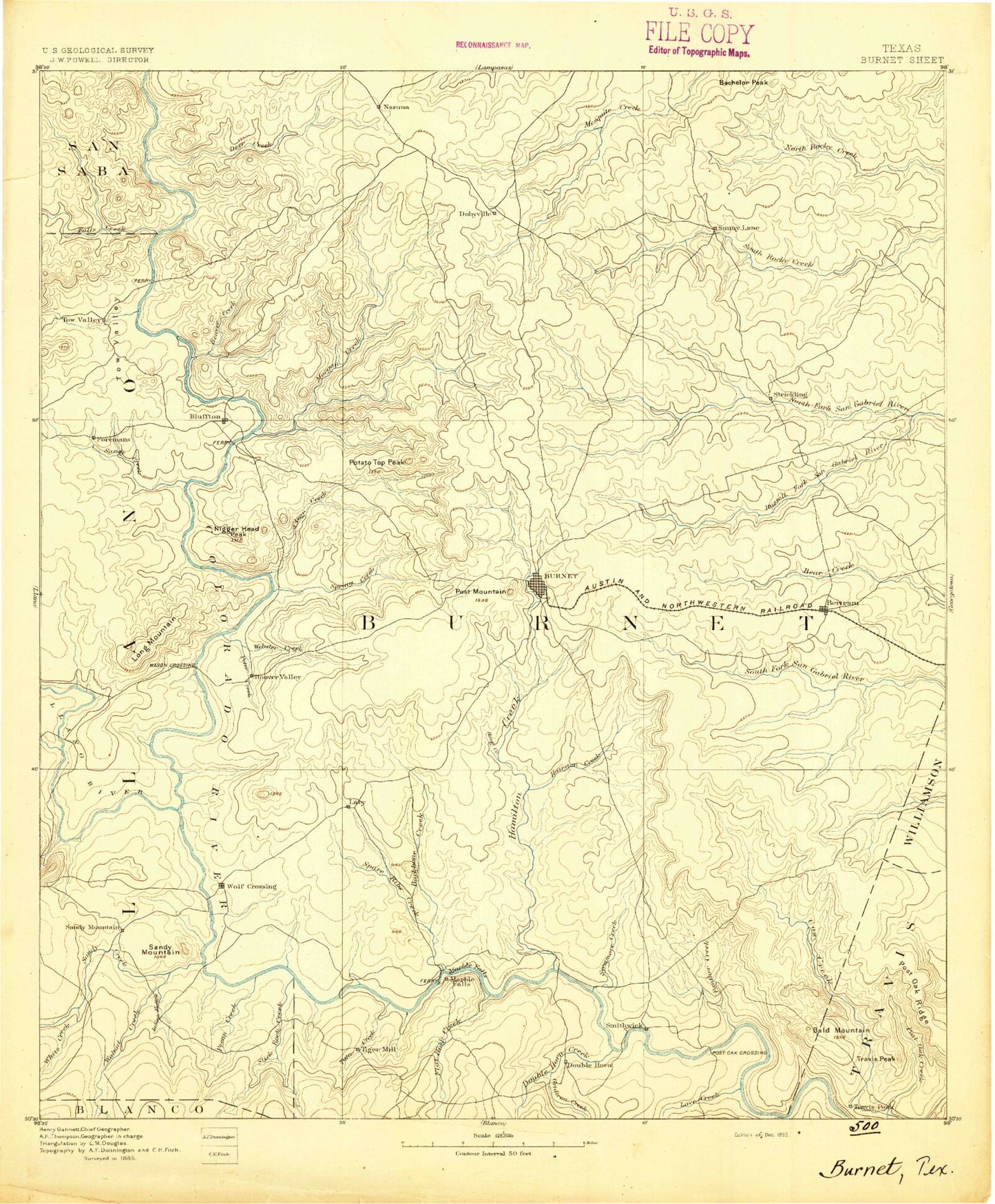 Historic 1893 Burnet Texas 30'x30' Topo Map Image
