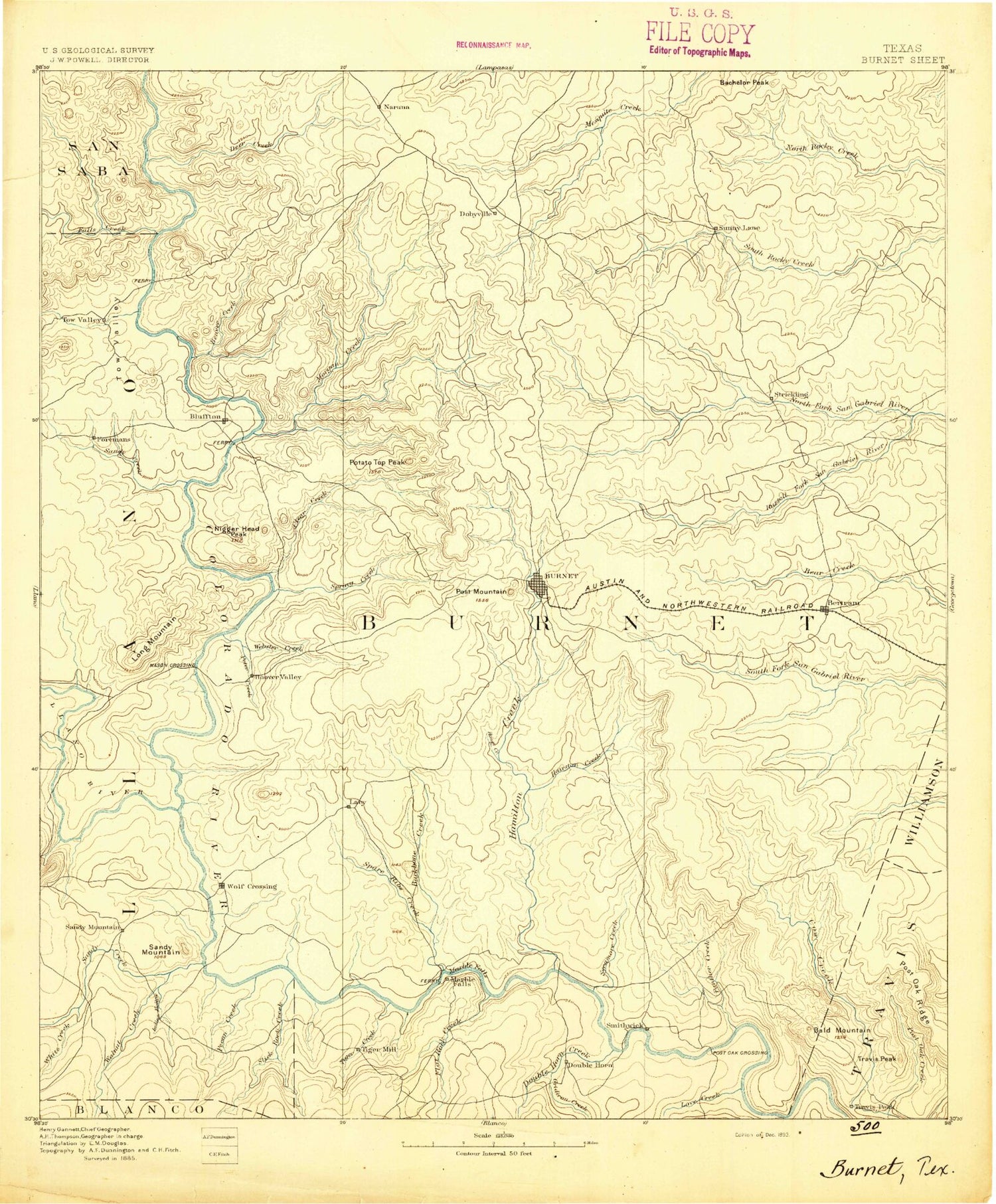 Historic 1893 Burnet Texas 30'x30' Topo Map Image