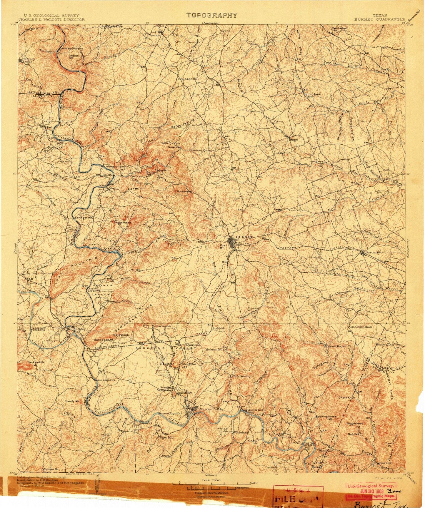Historic 1903 Burnet Texas 30'x30' Topo Map Image