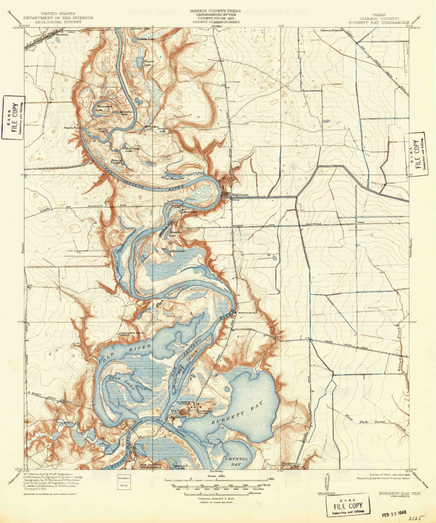 Classic USGS Highlands Texas 7.5'x7.5' Topo Map Image