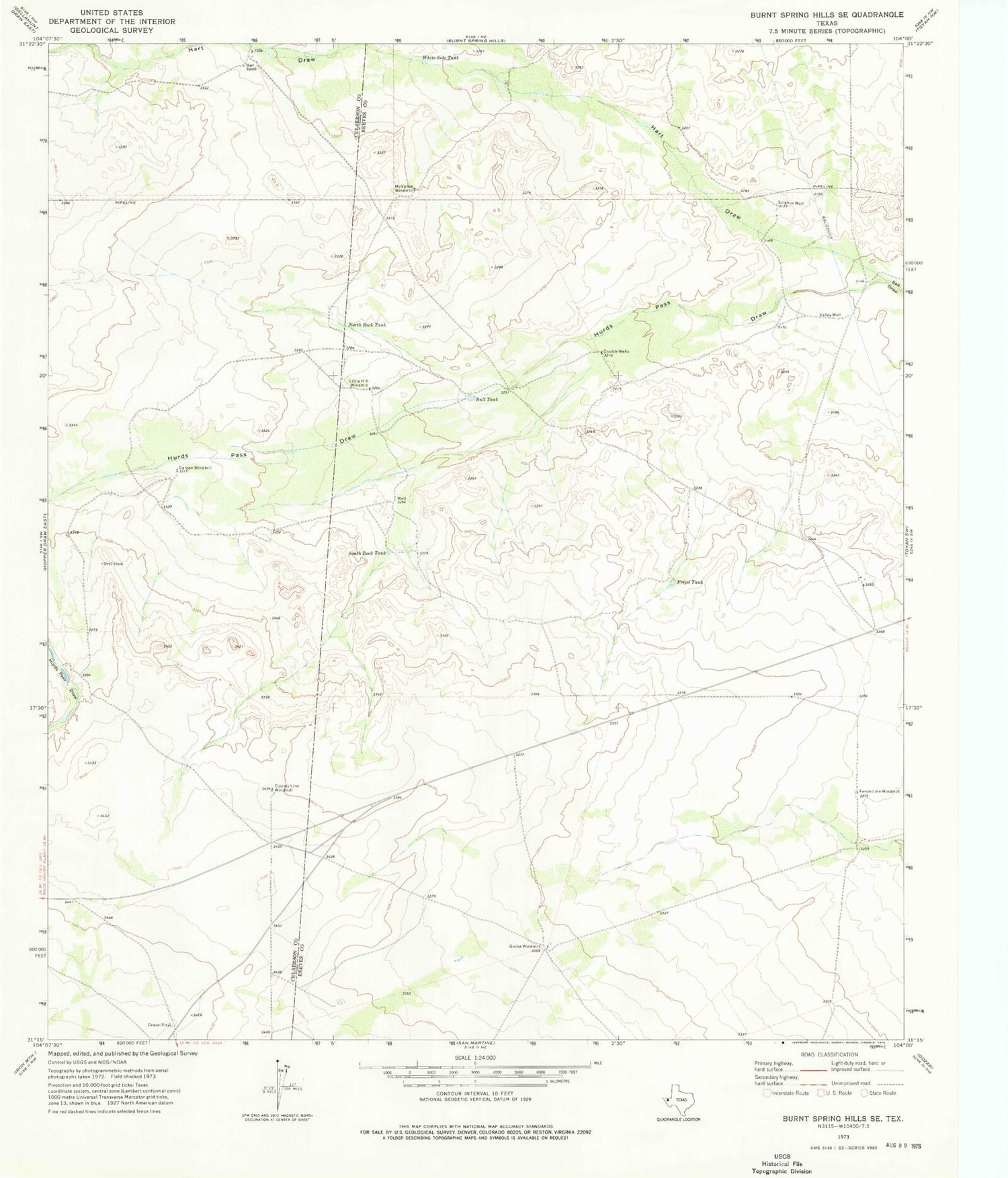 Classic USGS Burnt Spring Hills SE Texas 7.5'x7.5' Topo Map Image