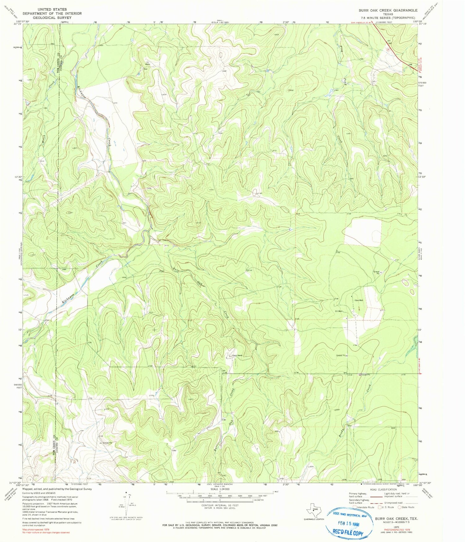Classic USGS Burr Oak Creek Texas 7.5'x7.5' Topo Map Image