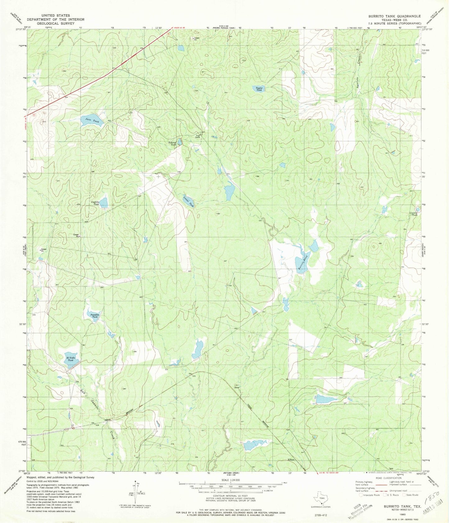 Classic USGS Burrito Tank Texas 7.5'x7.5' Topo Map Image